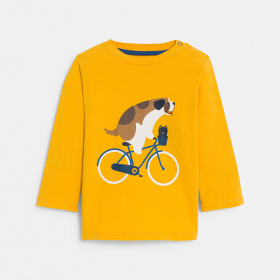 Жълта тениска с куче на велосипед