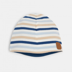 Плетена двулицева шапка на сини райета
