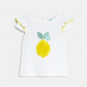 Бяла тениска с волани и щампа лимон