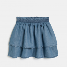 Къса синя ефирна дънкова пола с волани