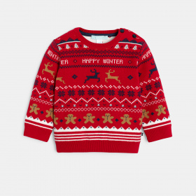 Червен жакардов пуловер