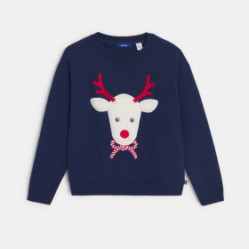 Тъмносин пуловер с щампа на елен