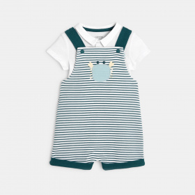 Комплект зелен раиран гащеризон и боди