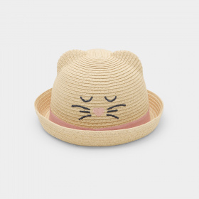 Бежова сламена шапка с мотив на котка