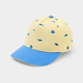 Жълта шапка със синя козирка и принт