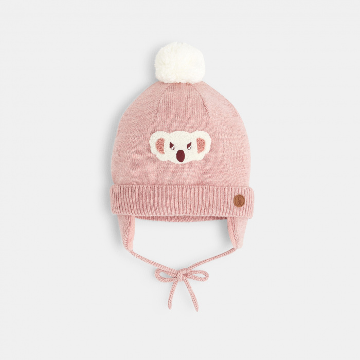 Розова плетена шапка с коала и поларена подплата