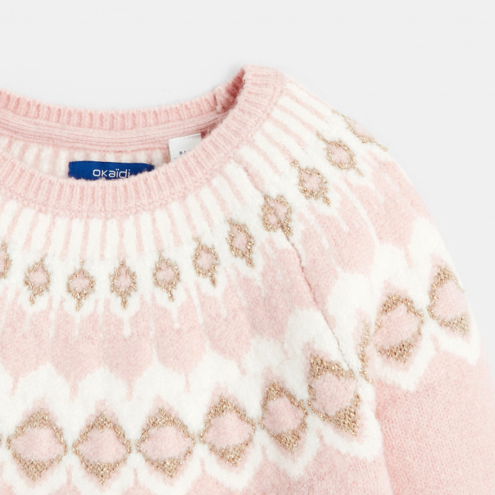 Пастелно розов скандинавски жакардов пуловер