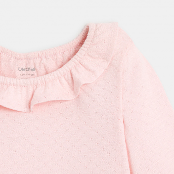 Розова плетена тениска с яка с волани