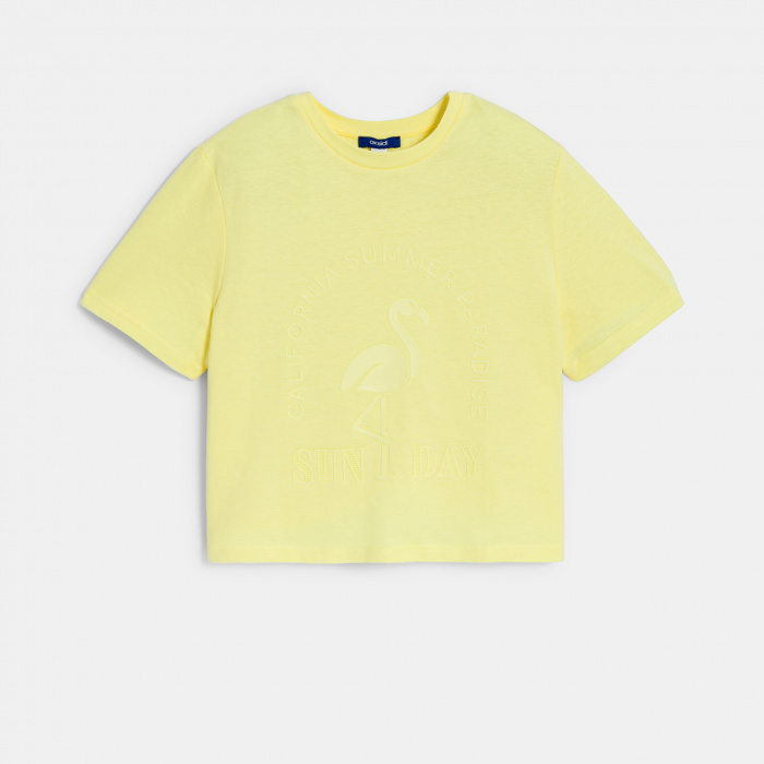 Къса жълта тениска с послание