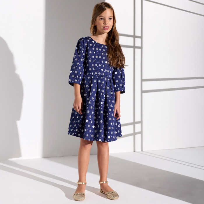 Синя рокля с буфан ръкави