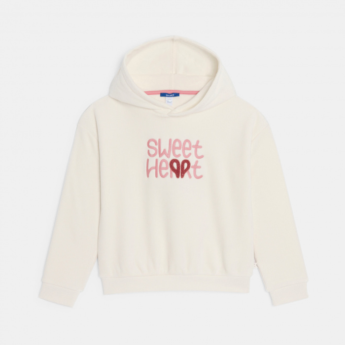 Бял рипсен суитшърт с качулка и бродиран надпис