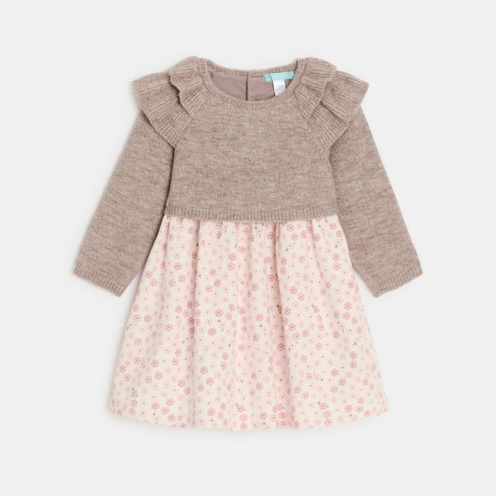 Бежова рокля с флорален принт