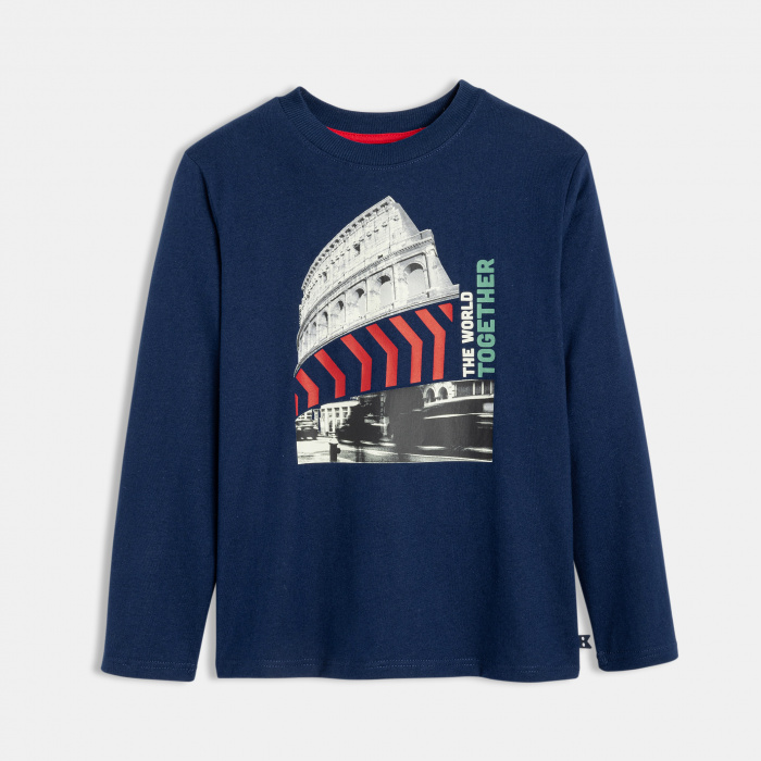 Синя тениска с дълъг ръкав и градски принт