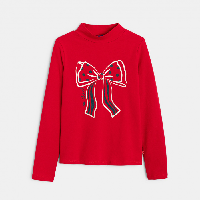 Червена тениска с висока яка и мотив с панделка