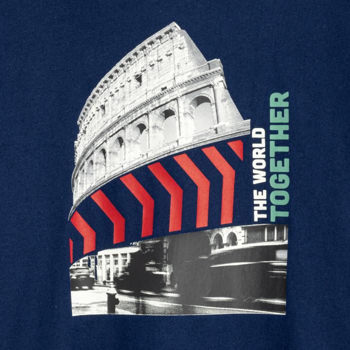 Синя тениска с дълъг ръкав и градски принт