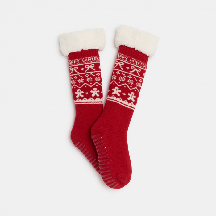 Червени неплъзгащи се чорапи с празничен мотив