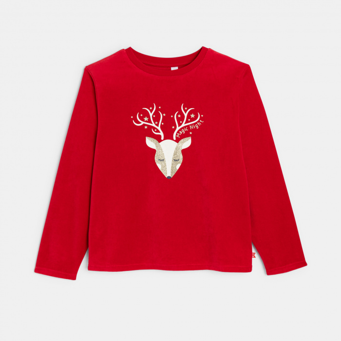 Пижама от две части с червено кадифе и щампа на елени