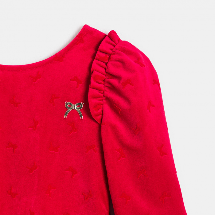 Червена рокля с принт на панделки