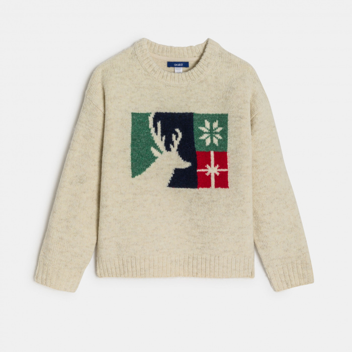 Бежов жакардов пуловер с мотив на елен