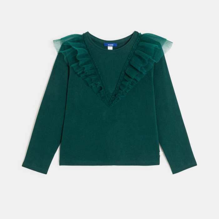 Зелена тениска с дълъг ръкав и къдрички