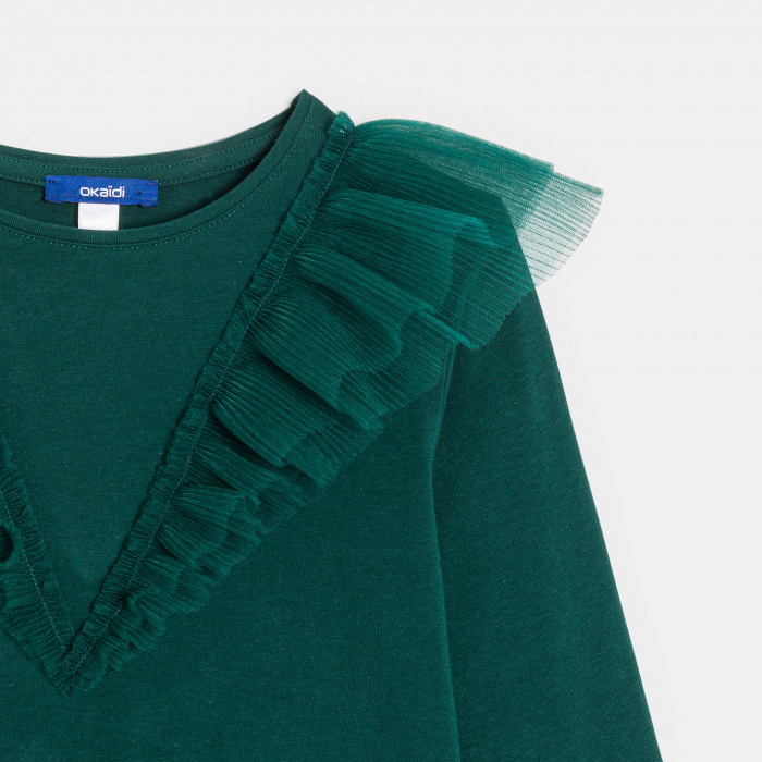 Зелена тениска с дълъг ръкав и къдрички