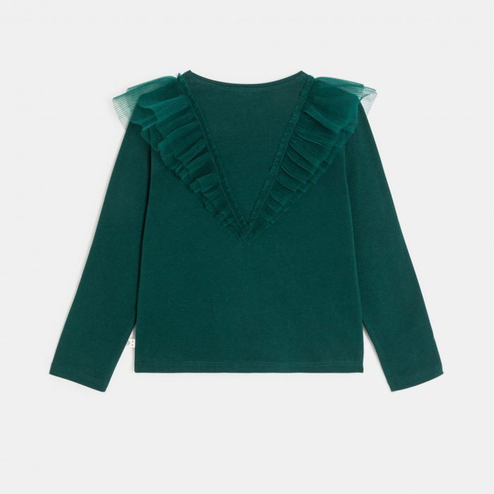 Зелена тениска с дълъг ръкав и къдрички