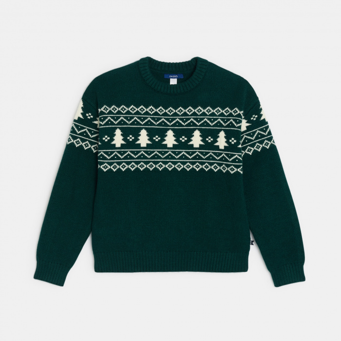 Зелен плетен зимен пуловер