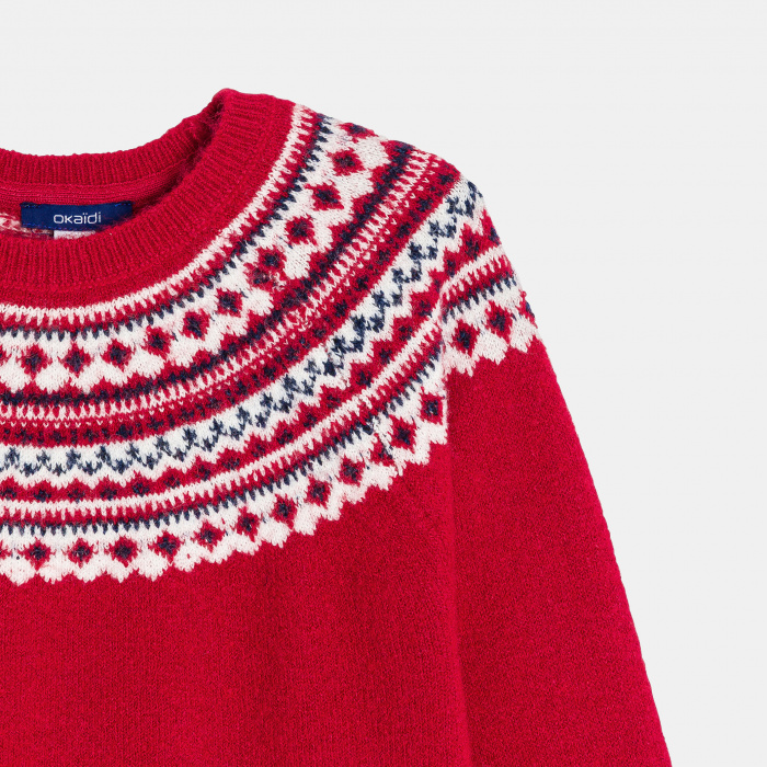 Червен жакардов пуловер