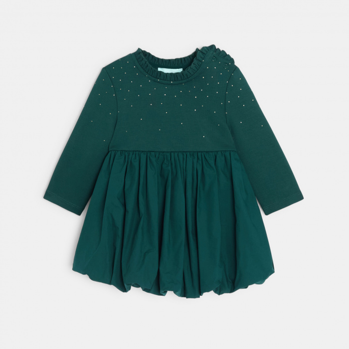 Тъмнозелена плисирана рокля от две материи