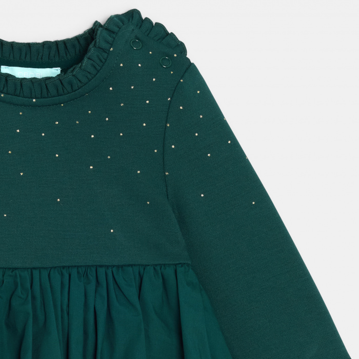 Тъмнозелена плисирана рокля от две материи