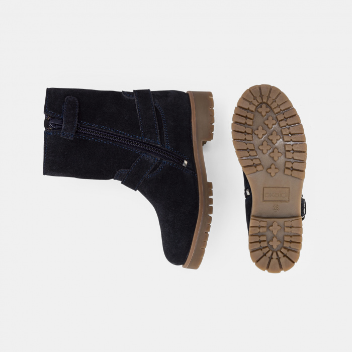 Тъмносини кожени ботуши до глезена с катарами