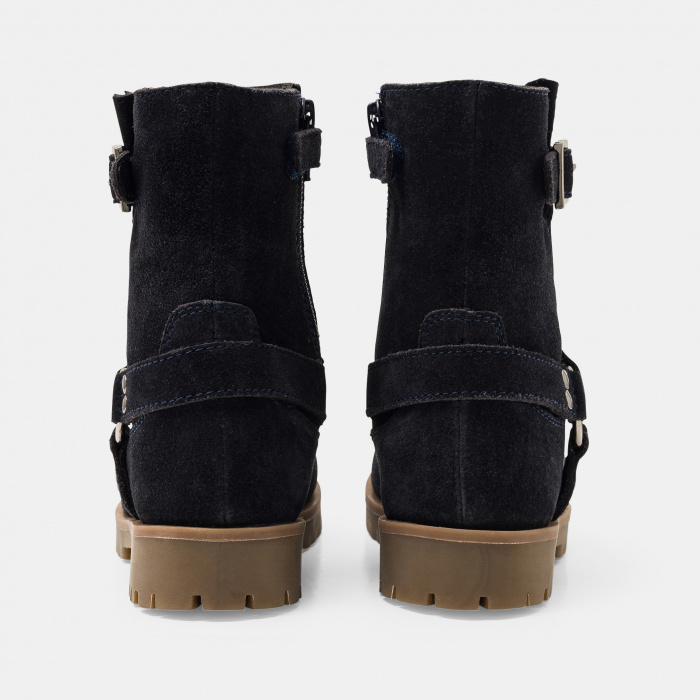 Тъмносини кожени ботуши до глезена с катарами