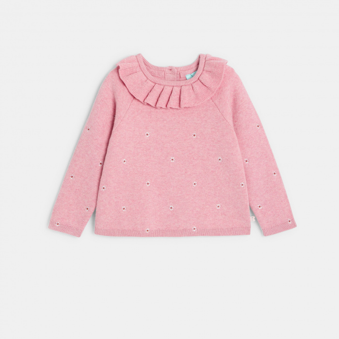 Розов плетен пуловер с яка