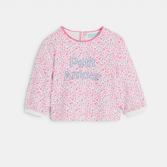 Розов суитшърт с флорални мотиви и надпис