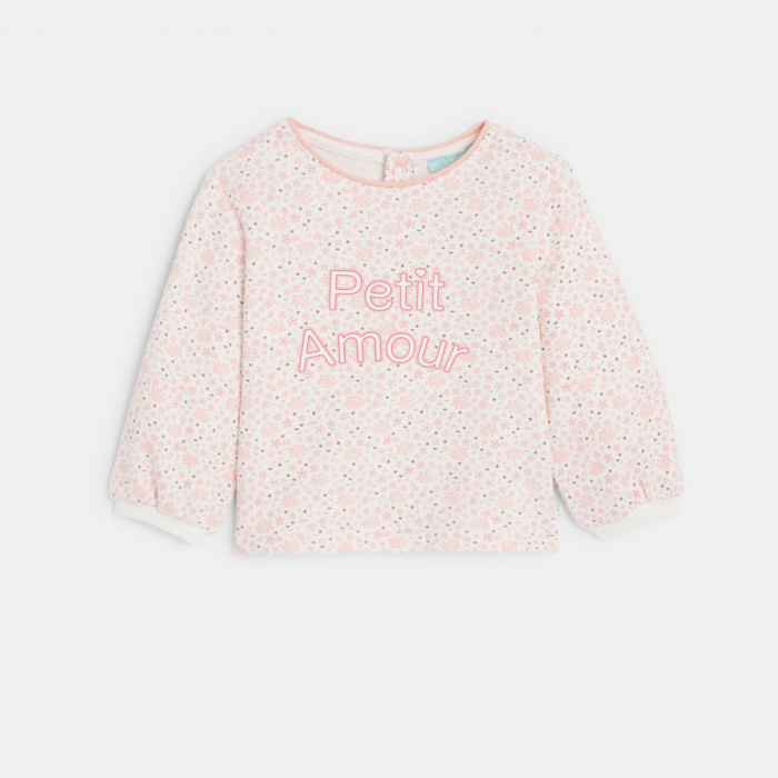 Розов суитшърт с флорални мотиви и надпис