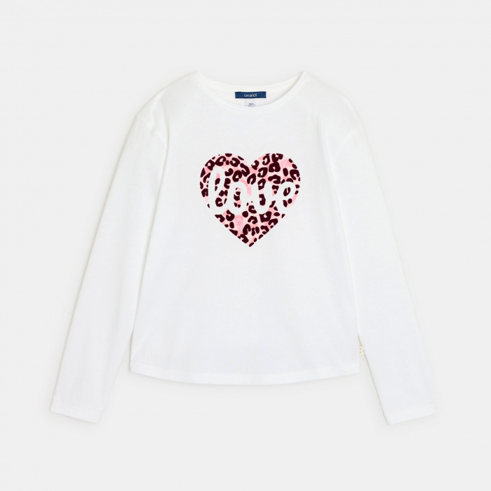 Бяла тениска с дълъг ръкав с леопардово сърце