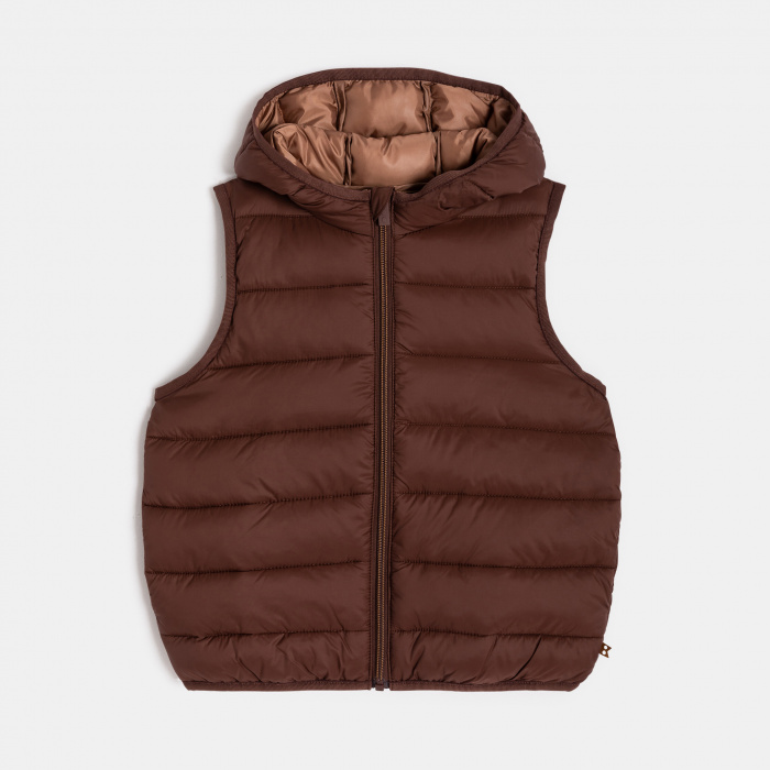 Кафяво пухено яке с качулка и без ръкави