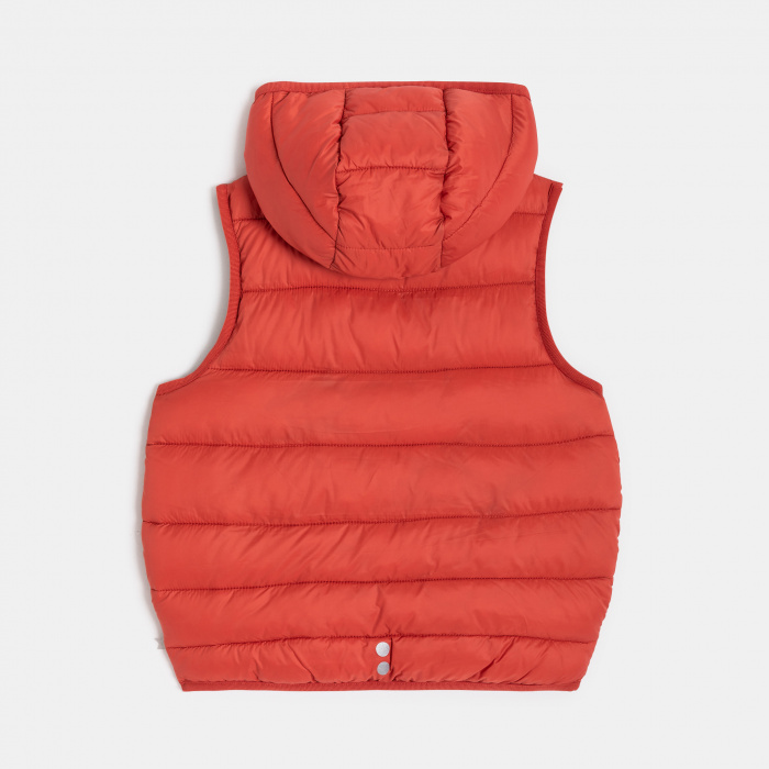 Червено пухено яке с качулка и без ръкави