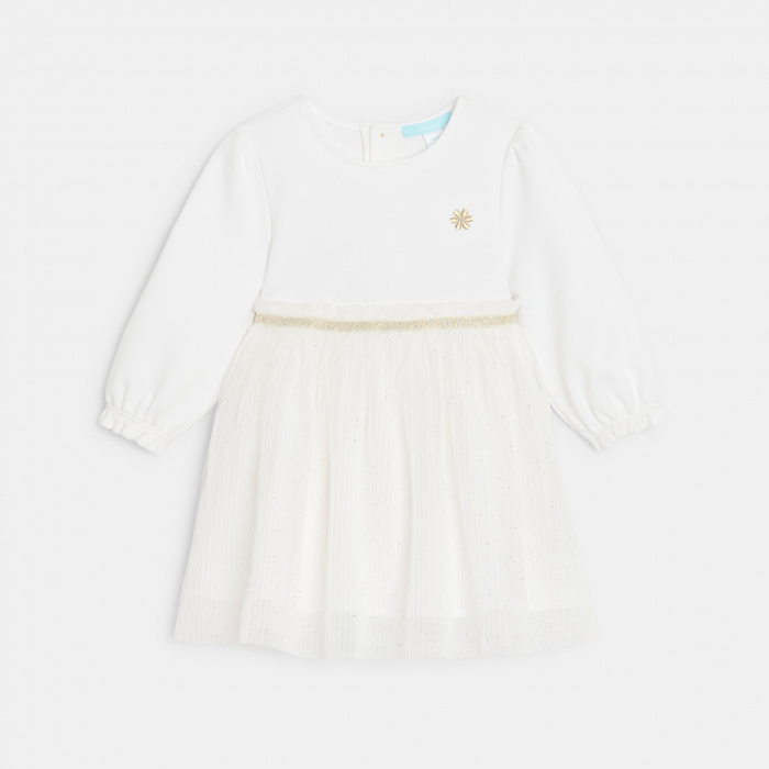 Елегантна бяла рокля от две материи