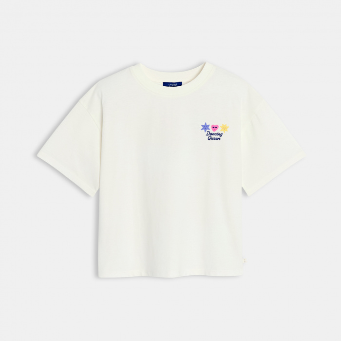 Бяла тениска с мотив и къс ръкав