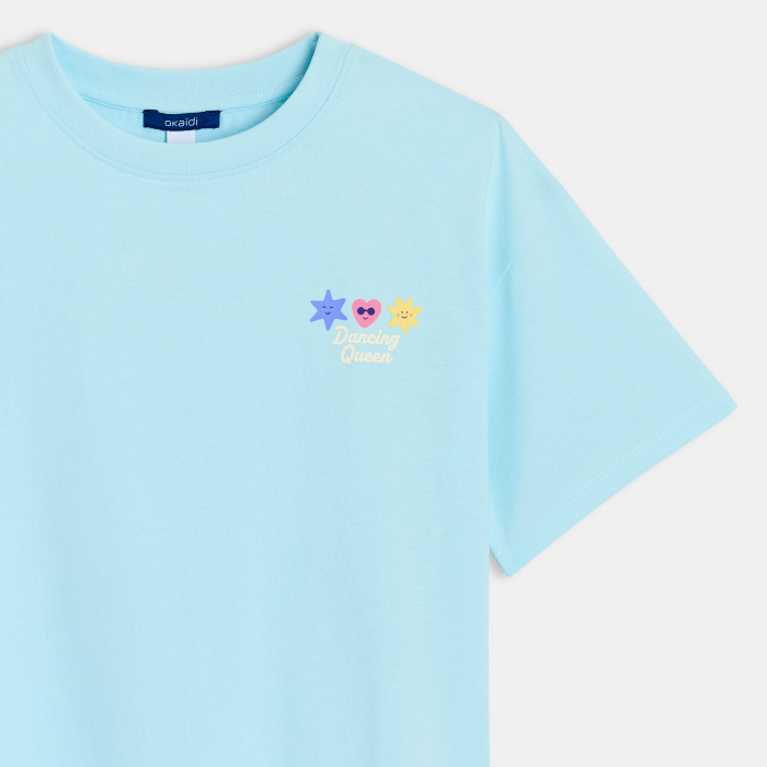 Синя тениска с мотив и къс ръкав