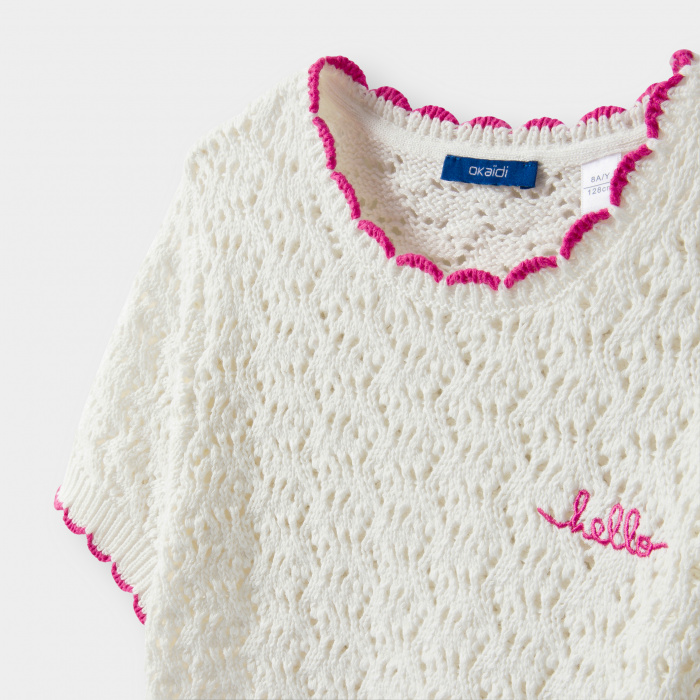 Бял плетен пуловер с къс ръкав