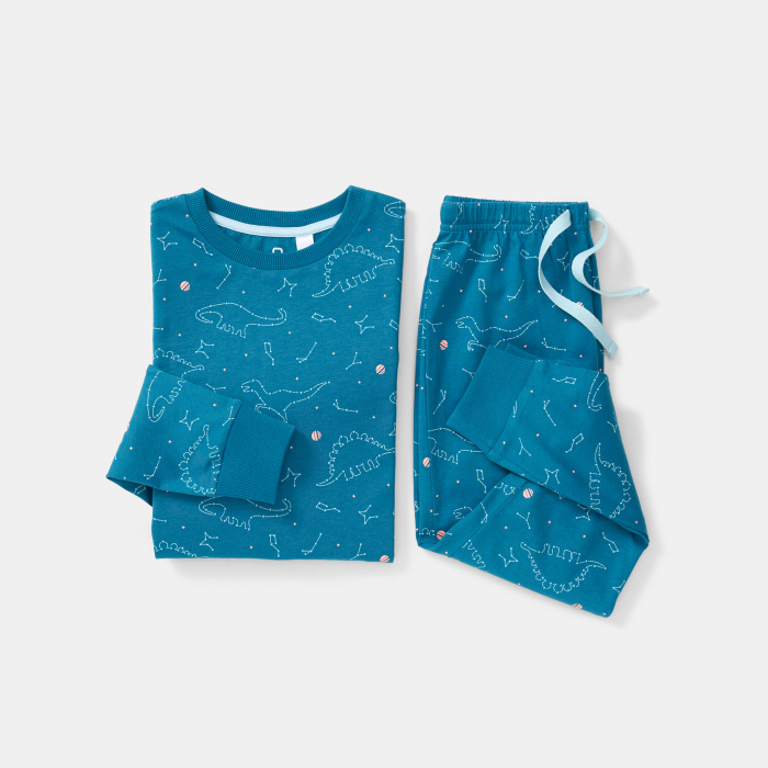 Синя пижама с динозавър и звезди