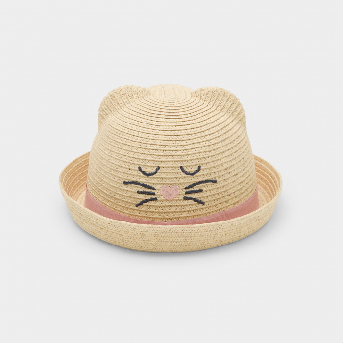 Бежова сламена шапка с мотив на котка