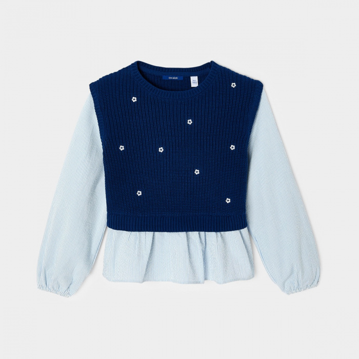 Син пуловер 2 в 1 с флорален мотив